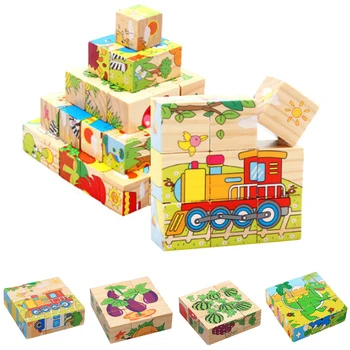 Bērnu Koka Klučiem, Rotaļlietas Dzīvnieku Augļu Sešu sided Puzzle Bērniem Izglītības Rotaļlieta, Interesanti Koka Klucīši Rotaļlietas Bērniem Brinquedos