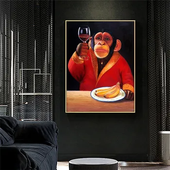 CNPAINTING Sienas Mākslas Audekls Gleznošanai Dzīvnieku Attēlu Plakātu Mērkaķis Chimp Dzerot Vīnu Smēķēšana dzīvojamo Istabu Mājas Dekoru Bez Rāmja