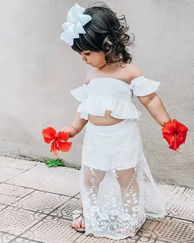 Cute Kazlēnu Bērnu Meitene Baltā Mežģīņu Ziedu Topi Ilgi Svārki Uzstādīt Drēbes