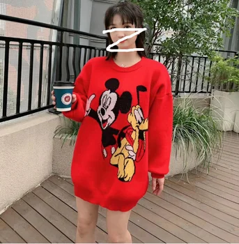 Disney Sieviešu Minnie Mouse Dumjš Džemperi O-veida kakla Rudens Biroja Dāma, Puloveri, Džemperi ar garām Piedurknēm Dāmu Apģērbu Karikatūra Džemperi
