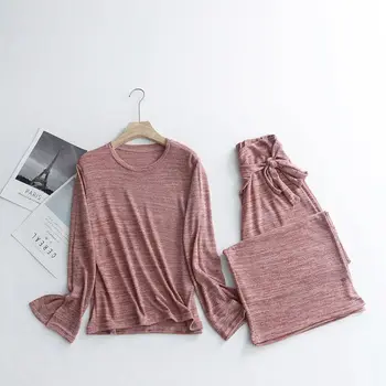 Divas gabals, kas tracksuit sieviešu 2019 Rudens ziemas garām piedurknēm T krekls+bikses 2 gabali set home (sākuma kostīmi, adīti kokvilnas pidžamu brīvs