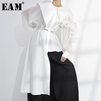 [EAM] Sieviešu lielos Izmērus, Kroku Nelegālo Ruffles Blūze Jaunu Atloks ar garām Piedurknēm Loose Fit Krekls Modes Pavasara Rudens ir 2021. 1U85600