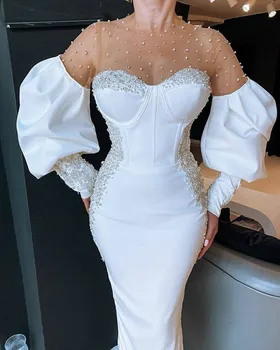 Elegants Balts O-veida kakla vakarkleitas ar garām Piedurknēm Pērles Fāzēm arābu Formālās Kleitas Ir 2021. Dubaija Ilgi Prom Puse Kleitas