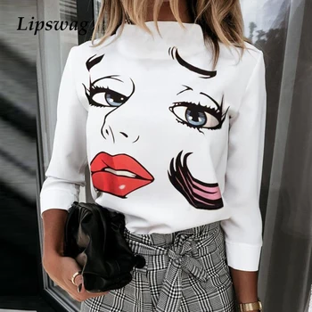 Elegants Sieviešu Lūpām Drukāt Blūze Krekli Rudens garām Piedurknēm Stāv Kakla Ikdienas Džemperis Top Sieviete Vintage Pogu Modes Blusa 3XL
