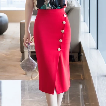 Elegants Sieviešu Pogas Birojs Svārki Plus Lieluma 2020. Gadam, Modes Augsta Vidukļa Bodycon Melni Svārki Korejas Drēbes Ziemu Sarkani Svārki