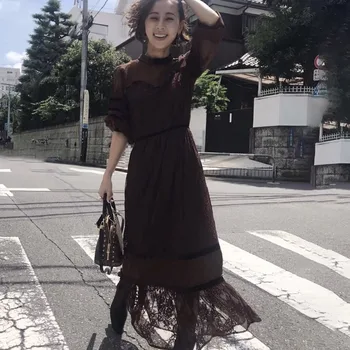 Elegants mežģīņu sievietes gara kleita korejas janpanese stila 2020. gada vasaras augsta vidukļa līnija, maxi kleitas, drēbes femme vestiods biroja dāma