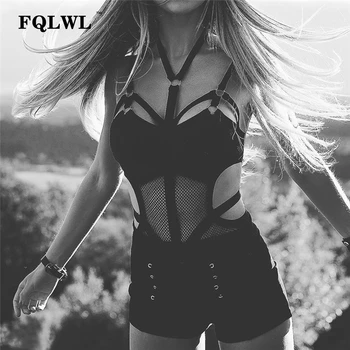 FQLWL Pārredzamu Bodycon Acs Bodysuit Sexy Pavada Kakla Black Top Femme Backless Pārsējs Kombinezonus Sieviešu Jumpsuit Vasarā Kopumā