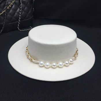 Fedora Jaunas ziemas balto sieviešu cepures platām malām cepure ar francijas pērle retro modes sieviešu klp