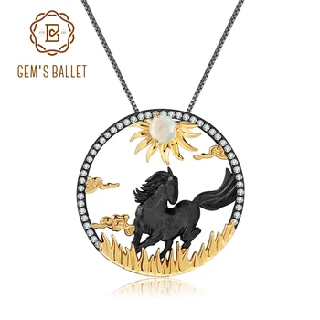 GEM BALETS 925 Sterling Sudraba Galloping Zirgu 12 Ķīniešu Zodiaka Rotaslietas Dabas Āfrikas Opal Kulons, Kaklarota Sievietēm