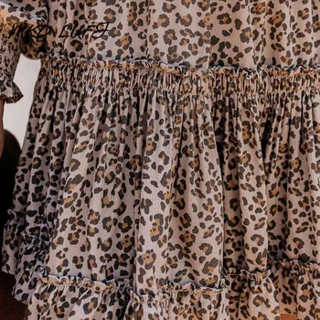Gepards, Ruffles Garām Piedurknēm Kleita Sievietēm Leopards Drukāt V Kakla Gadījuma Rudens Mini Kleita