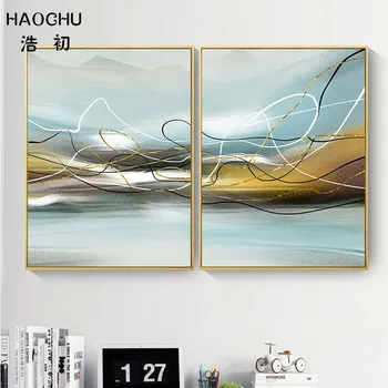 HAOCHU Abstrakts Tekstūra Mūsdienu Minimālisma Līnijas Ziemeļvalstu Kanvas Glezna Zila Dzeltena Melna Balta Mākslas Plakātu Drukas Dekoru Attēlu