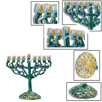 H&D 9 Filiāle Hanukkah Sveces Menorah Roku Apgleznoti Vīnogulāju Ziedi Izliektas Chanukiah Menorah Mājas Dekoru Jeruzalemes Dāvanu(Zaļš)