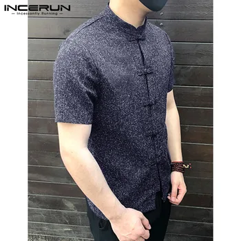 INCERUN ir 2021. Ķīniešu Stilā Vīriešiem Kreklu Pogu Stand Apkakli, Īsām Piedurknēm Gadījuma Mīksti Topi tīrtoņa Krāsu Vintage Tang Uzvalks, Krekli Vīriešiem
