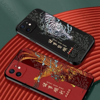 IPhone 12 Pro Max Mini 11 XS XR X 7 8 6 6S Plus Gadījumā 3D Gofrēts PU Ādas Dragon Phoenix antidetonācijas Vāks ar Metāla Gredzenu