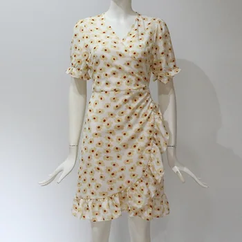 Ir 2021. Eiropas un Amerikas modes dāmas iespiestas V-veida kakla īsām piedurknēm šifona kleita 1517