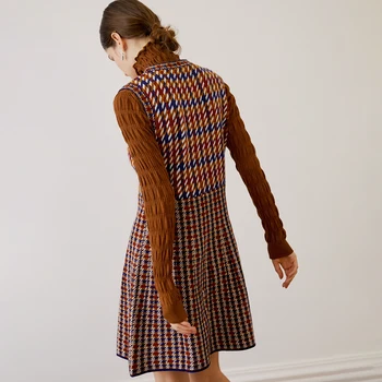 Ir 2021. Jaunā Pavasara Iekšā Kleita Houndstooth Slim O-Kakla-Line Piedurknēm Adīts Sieviešu Džemperis Kleitu Elegants Birojs Dāma C-062