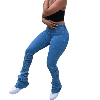 Ir 2021. Sieviešu Apģērbu Streetwear Džinsi Modes Izdilis Kabatas Bikses Ruched Džinsa Zilā Krāsā Ar Augstu Gaidīt Kaudzē Bikses Rudens