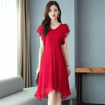 Ir 2021. Šifona Vasaras Pludmales Kleita Sievietēm Gadījuma V-veida kakla Mežģīņu Ziedu Piedurknēm Nelegālo Kleitu Modes Dāmas Black Red Midi Kleita