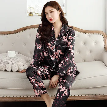 Izsmalcinātu Drukāt Zieds Sieviešu Pidžamas Pidžamas Komplekts Uzvalks Ērti Mīksta Satīna Pilnīgu 2 Gab Krekls&elsas Sleepwear Gadījuma Homewear