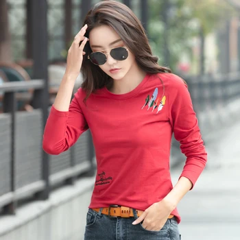Izšūšana T Krekls Sievietēm Ar Garām Piedurknēm Jaunu Kokvilnas Slim Korejas Drēbes 2020. Gada Rudenī, Topi, T-Kreklu Sieviete Vogue T Tee Kreklu Femme