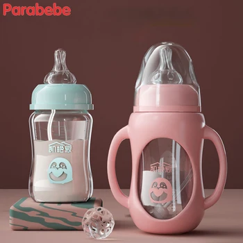 Jaunas Ielidošanas bērnu pudele stikla drop-pierādījums, bērnu jaundzimušo bērnu silikona uzmava dzeramo kausu ar salmu zīdaiņu ēdināšanai produkti