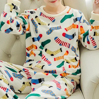 Jaunas Ziemas Silts Flaneļa Pidžamas Korejas Kawaii Karikatūra Pidžamas Komplekts Modes Pijama Mujer Atpūtas Mājas Auduma Pidžamas Sieviešu Sleepwear