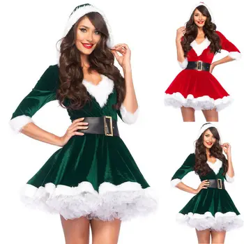 Jaunas Ziemas Ziemassvētku Puse Kleitas Miss Santa Claus Tērpi Sievietēm Pieaugušo Ziemassvētki Kostīms Puse Piedurknēm Masku Ziemassvētki Red Vestidos