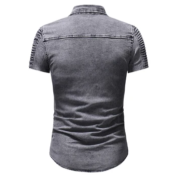 Jaunas džinsa apģērbu ārējās tirdzniecības īss piedurknēm krekls personības izšūšanas pleated sleeve džinsa krekls vīriešu apģērbu 2018 M-XXXL