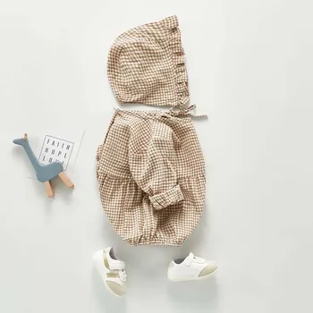 Jaundzimušo Bērnu Apģērbu Rudens garām Piedurknēm Bērnu Bodysuits Pleds Zīdaiņu Meitene Vienā gabalā Ar Cepuri Baby Meitene Apģērbs