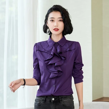 Jaunu 2020. gadam, Modes korejas garām Piedurknēm Pogas Birojs Dāmu Krekls Pavasara Rudens Sieviešu Slim Balta OLA Darba Ruffles Blūzes Topi Mujer