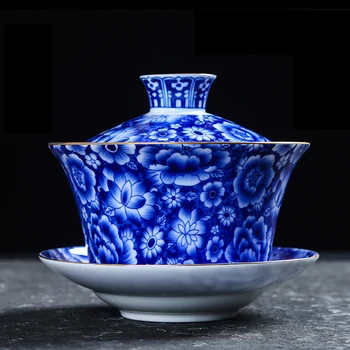 Jingdezhen Keramikas Zilā un Baltā Porcelāna Vintage Gaiwan ar Vāku Komplekts Radošo Zelta Augstas Kājām Tējkanna Mājas Drinkware Tējkannu