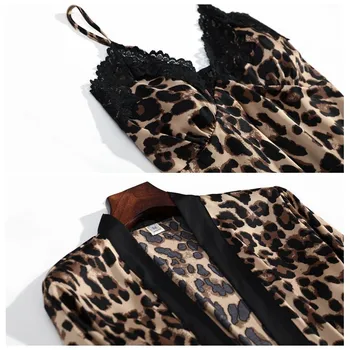 JŪLIJA TAUTAS DZIESMU Jaunas Modes 4 Gabals Pidžamas Komplekts Leopards Drukāt Sieviete Sleepwear Mākslīgā Zīda Cilpu Drēbes Ar Krūšu Pad Sleepwear