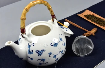 Keramikas tējkanna 1500ML , lielas ietilpības, zila un balta porcelāna, keramikas roku darbs tējkanna, stikla tējas katlā, ar filtru