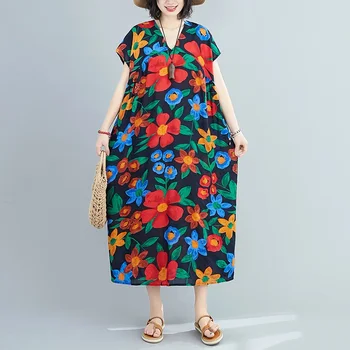 Kokvilnas plus lieluma vintage ziedu sievietes ikdienas zaudēt ilgi vasaras pludmales kleitu elegants apģērbs ir 2021. dāmas kleitas sundress