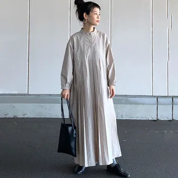 Korejas Japāna Minimālisma Garām Piedurknēm Maxi Kleita Lielajam Gadījuma Vienu Gabalu Apaļu Kakla Kritums Apģērbu Ptachwork Kroku Garās Kleitas