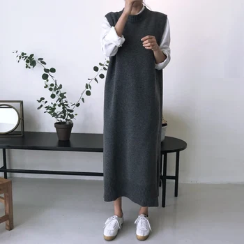 Korejas Modes Džemperis Kleita Sieviešu Trikotāžas Veste Ikdienas Biroja Dāmas Garš Džemperis Kleita Bez Piedurknēm, Siltu Apģērbu, Sieviešu Kleitas