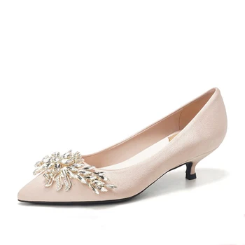 Kāzu kurpes ar zemu papēdi grūtnieces līgavas kurpes pavasara šampanieti kleitu, augstpapēžu kurpes 3cm kristāla kāzu kleitu līgavas kurpes