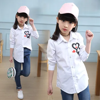 Labākā Pārdošanas Meitenes Apģērbu 2020. Gadam Vienkāršas Meitenes, Pavasaris&Rudens Modes garām piedurknēm Karikatūra Kaķis Balts Krekls Vidēja garuma Meiteņu Topi
