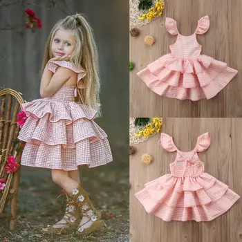 Lovely Baby Toddler Meitenes Princese Kleita Pledi Drukāt Mežģīņu Sundress Puse Gājienā Tutu Drēbes Bez Piedurknēm Augstas Kvalitātes Kleita