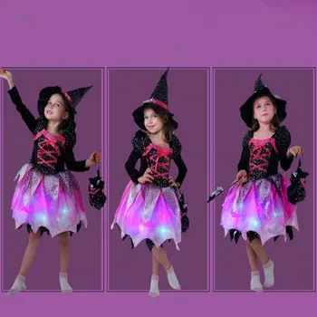 Meitene Bērnu LED Spīd Gaisma Raganu Kostīmu Cosplay Mirdzoša Karnevāla Kleita Birthday Party Dāvanu Wizard Hat Halloween Kostīms Bērniem