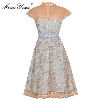 MoaaYina Modes Skrejceļa kleita Vasaras Sieviešu Kleita ar Īsām piedurknēm Acs Gold Line Izšuvumi Slim Kleitas
