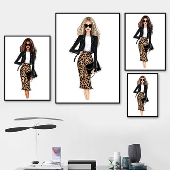 Modes Sievietes Gleznas Audekla Leopard Satīra Sienas, Mākslas Plakātu, Ziemeļvalstu Bildes Istabu, Mājas Dekoru, Metāla, Organiskā Stikla Karkasa 4 Krāsas