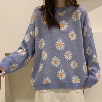Modes Sieviešu Džemperis Salds Daisy Drukāt Zaudēt Korejas Adīti Džemperi Rudenī 2020. Gadam Sieviešu Apģērbs Džemperi, Vestes Jaciņa Trikotāža