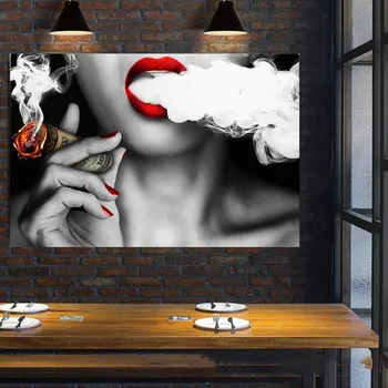 Modes Smēķēšanas Meitene Sexy Lūpām Abstraktas Bildes, Plakāti un Izdrukas Sienas Mākslas Audekls Gleznas Mūsdienu Mākslas Grafiti Fotogrāfijas Sienas