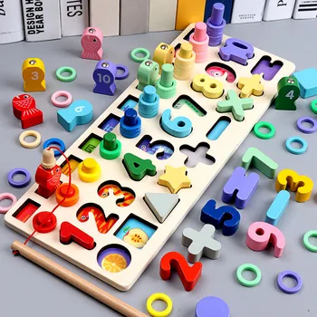 Montessori Daudzfunkcionāls Pirmsskolas Koka Skaitīšanas Ģeometriskas Formas Zvejas Spēli Sākumā Izglītības Matemātikas Mācīšanas Rotaļlietas