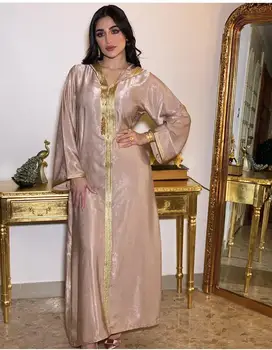 Musulmaņu Abaya Arābu Kleitas Izšuvumu Hijab Rudenī, Zelta Lentes Āfrikas Dashiki V Kakla Garām Piedurknēm Maxi Kleita Turku Apģērbi
