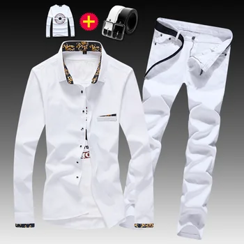 Pavasara, Rudens Vīriešu Krekls ar garām Piedurknēm Zīmuli Bikses Slim Fit Džinsi 2pcs Set Ikdienas Krekli Bikses, Vīriešu Apģērbu E46