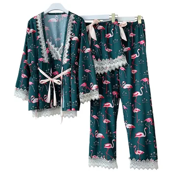 Pavasarī, vasarā satīna jaunu dāmu pidžamu četru gabals uzvalks Iespiests, ice zīds, mežģīnes, ērtu, seksīgs, stilīgs mājas pakalpojumu uzvalks