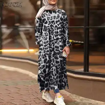 Plus Lieluma Modes Leopards Izdrukāt Kleita Sieviešu Rudens Sundress ZANZEA ir 2021. Gadījuma garām Piedurknēm Musulmaņu Vestidos Sieviešu Drēbes, Split