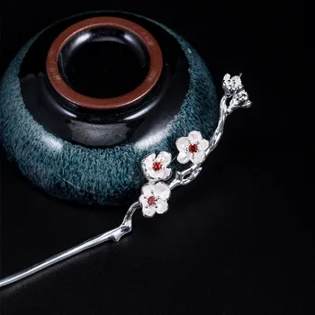Plūmju Ziedu 925 Sterling Silver Matu Stick Hanfu Accesories Sieviešu Rotaslietas Seno Ķīniešu Tiesa Vintage Ziedu Matadatas